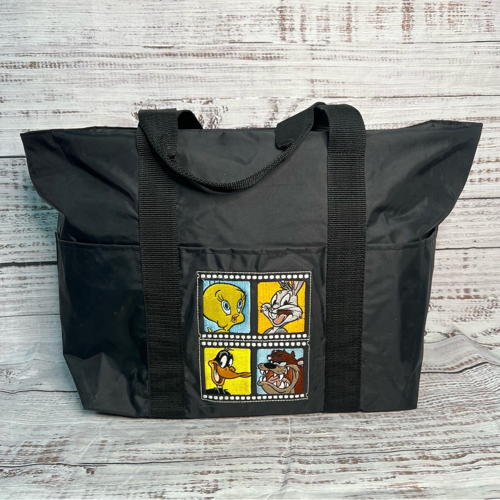 Y2K Looney Tunes Tote Bag Black Zippered Bugs Bunny Tweety‎ Bird Taz Daffy Duck
